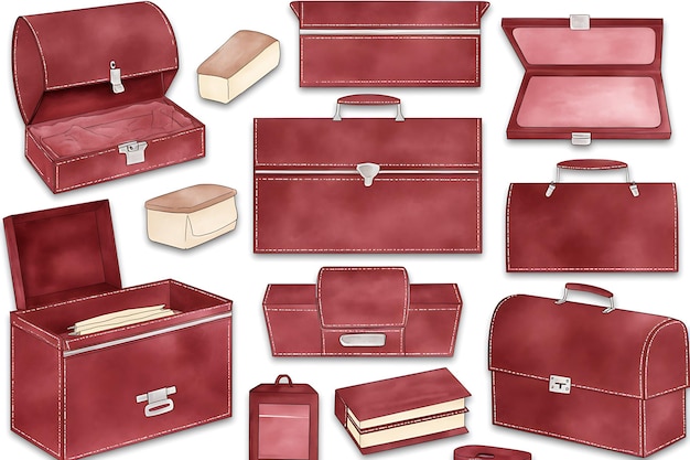 Photo set of red leather cases and boxes with white stitching