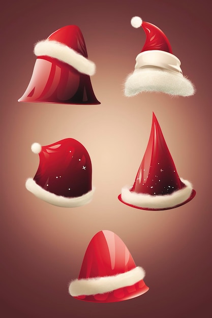 Set of Red Santa Claus Hats Isolated generate ai