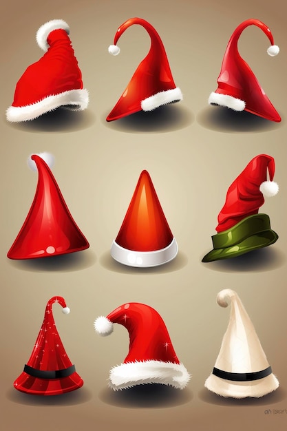 Set of Red Santa Claus Hats Isolated generate ai