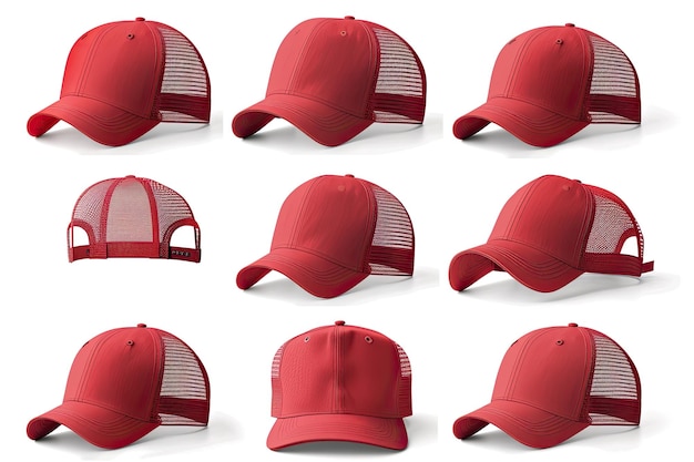 Photo set of red trucker cap hat mockup template collection various angle isolated cut out object