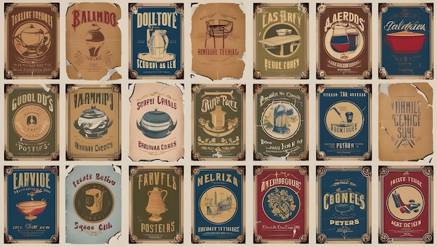 Photo set of retro posters in vintage style with the image of different objects and on different topics