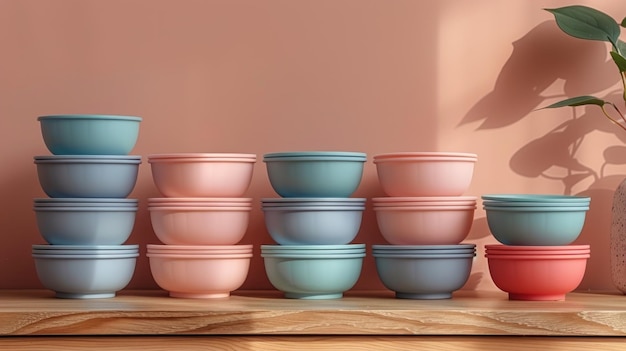 A set of reusable plastic dishes against disposable ones on a beige table