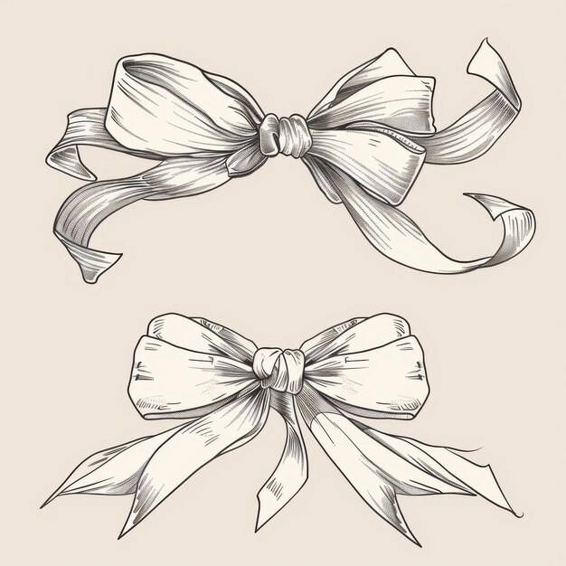 Photo set ribbon bows sketch hand drawn line art illustration