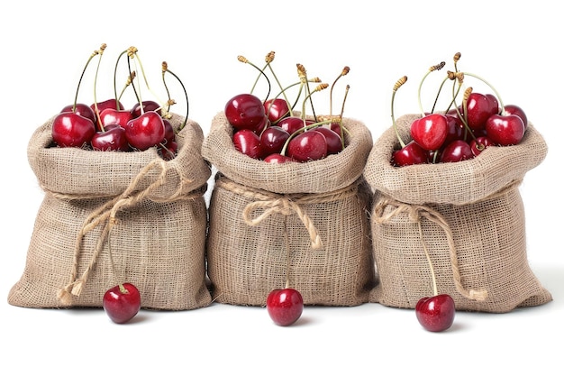 Set of Ripe Red Cherries in Burlap Sacks Isolated