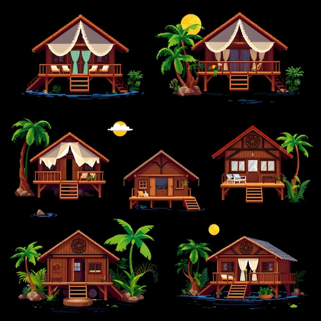 Set Riverbank Lodges With Elevated Platforms and Mosquito Netting Wooden Carvings and Tropical Pla