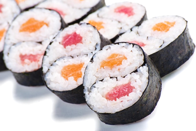 Set of rolls with a salmon and eel isolated over white