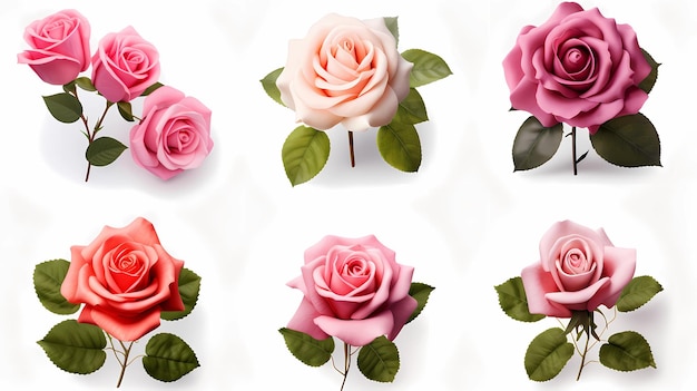 Set Rose flowers white background