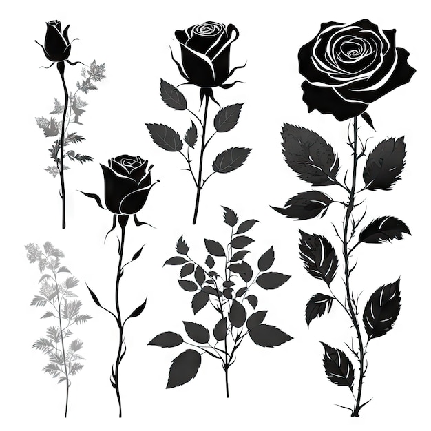 Set of rose with leaves Flower silhoutte on white background