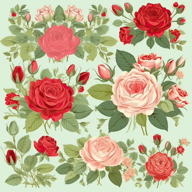 A set of roses isolated on a green background