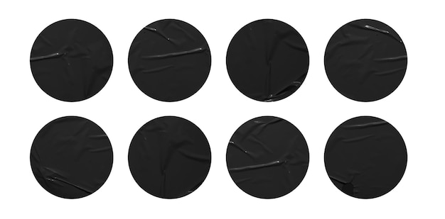 Set of round black paper stickers mock up blank tags labels isolated on white background with clipping path