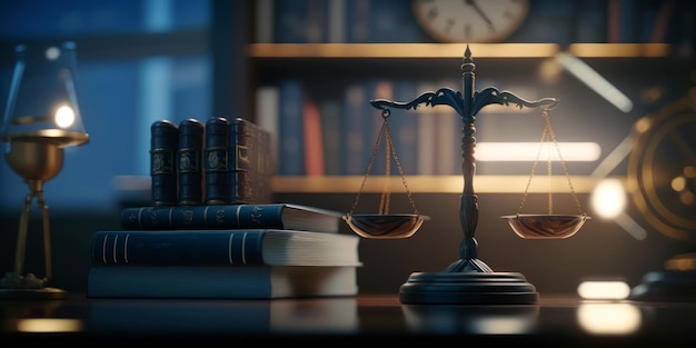 A set of scales of justice sit on a desk in a dark office with a clock on the wall behind them.