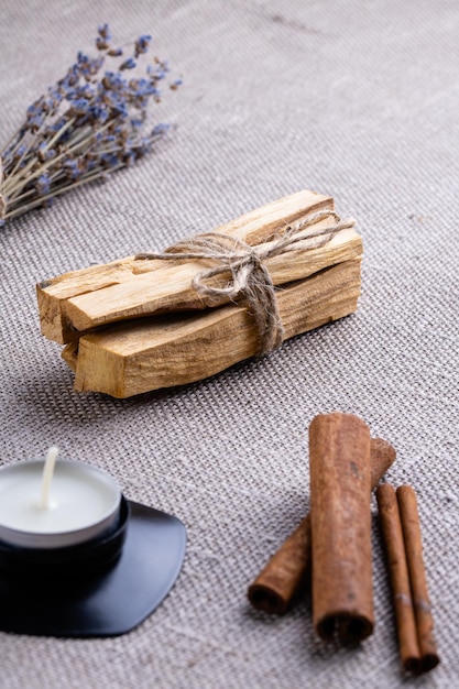 Set for scenting the room during meditation air flavors in the dwelling wooden sticks palo santo