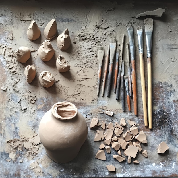 Photo a set of sculpting tools arranged beside a halffinished clay model with clay fragments scattered on