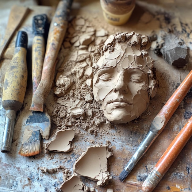 Photo a set of sculpting tools arranged beside a halffinished clay model with clay fragments scattered on