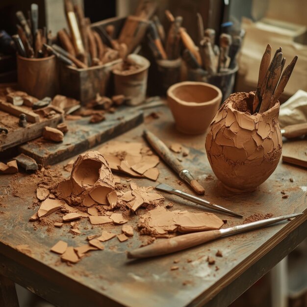 A set of sculpting tools arranged next to a halffinished clay model with clay remnants scattered on