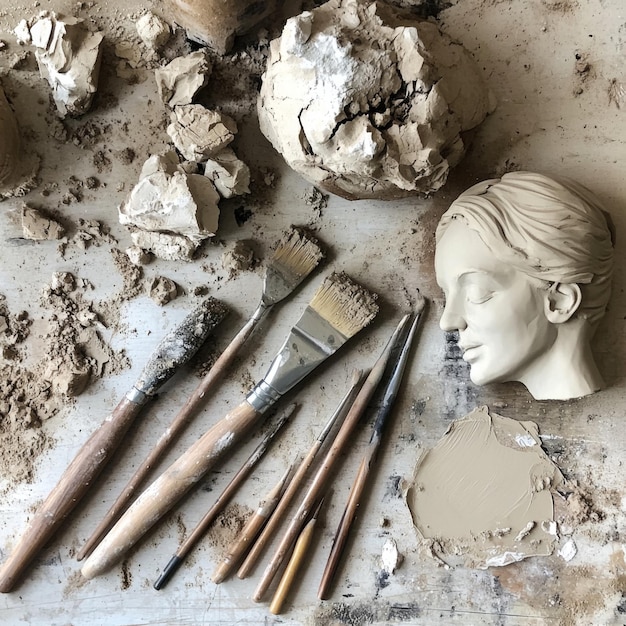 A set of sculpting tools arranged next to a halffinished clay model with clay remnants scattered on