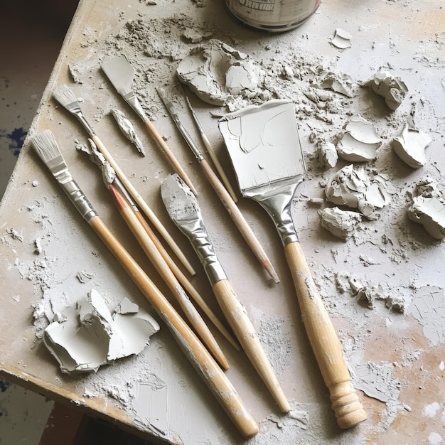 Photo a set of sculpting tools arranged next to a halffinished clay model with clay remnants scattered on