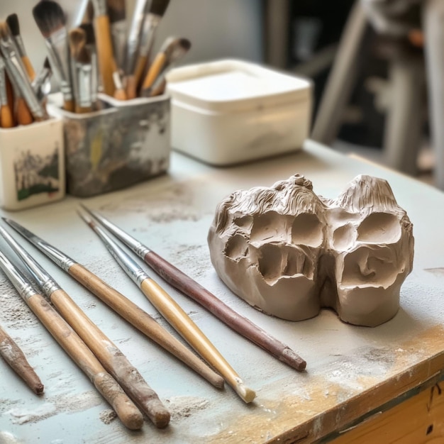 A set of sculpting tools arranged next to a halffinished clay model on a workbench v 61 Job ID 57c0f