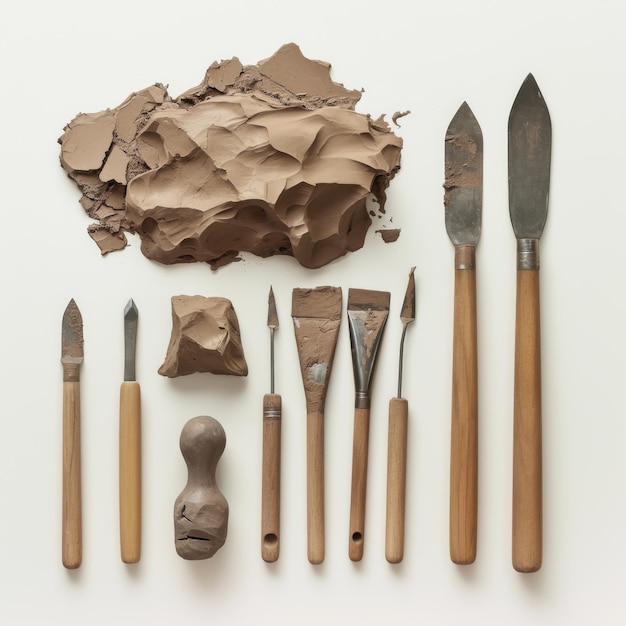 Photo a set of sculpting tools laid out neatly beside a halffinished clay model niji 6 job id 9688e8aaf302