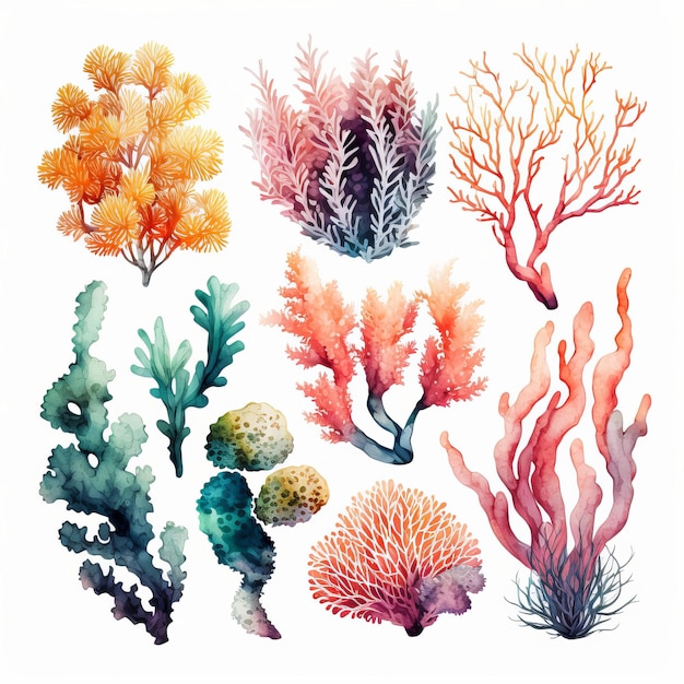 A set of sea plants caral watercolor on a light background Generative AI