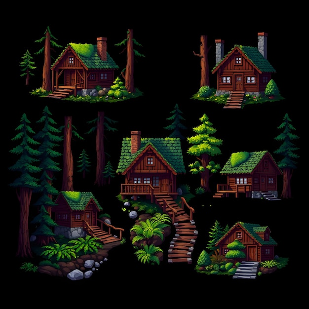 Set Secluded Forest Cabins With Moss Covered Shingles Tall Trees Fern Covered Forest Floor Wooden