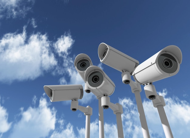 A set of security cameras watching different dirtections 3D Rendering