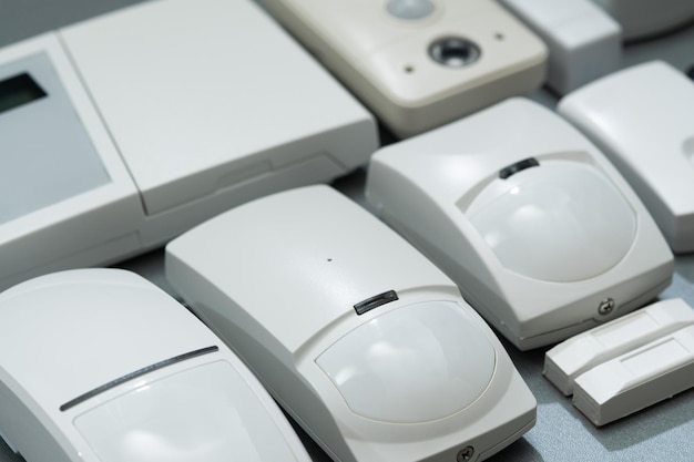 set of security systems for the house on a gray background closeup