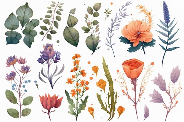 Photo set of separate parts of flowers in watercolors