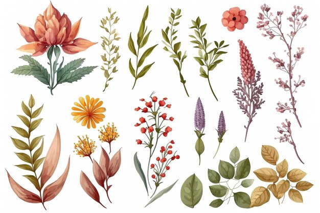 Photo set of separate parts of flowers in watercolors