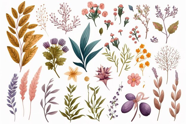 Photo set of separate parts of flowers in watercolors