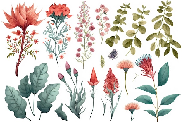 Photo set of separate parts of flowers in watercolors