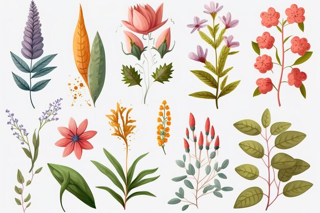 Photo set of separate parts of flowers in watercolors