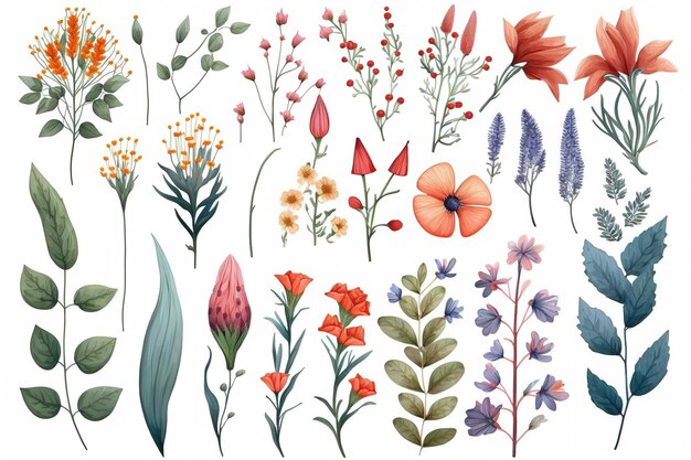 Photo set of separate parts of flowers in watercolors