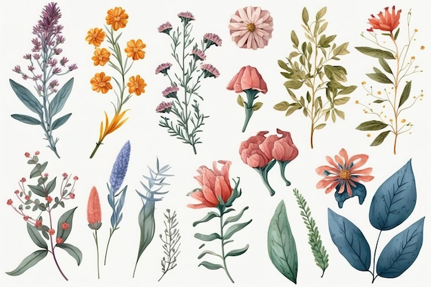 Set of separate parts of flowers in watercolors