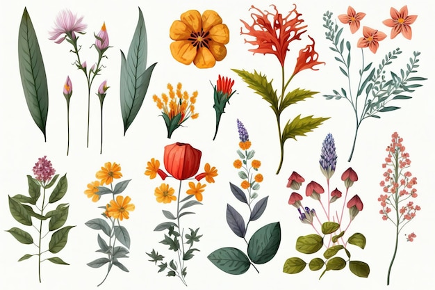 Photo set of separate parts of flowers in watercolors