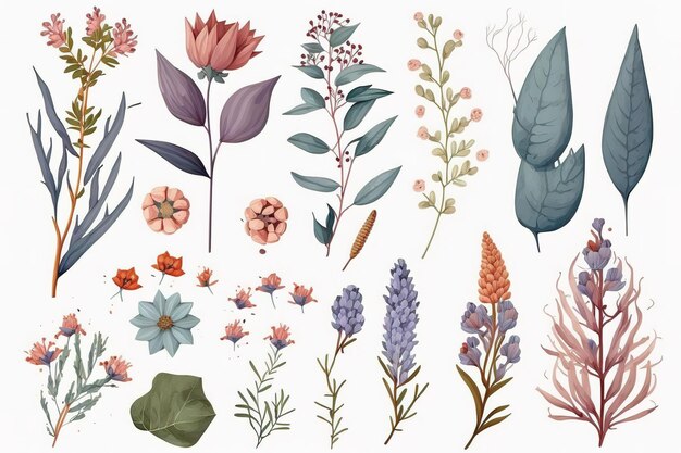 Photo set of separate parts of flowers in watercolors