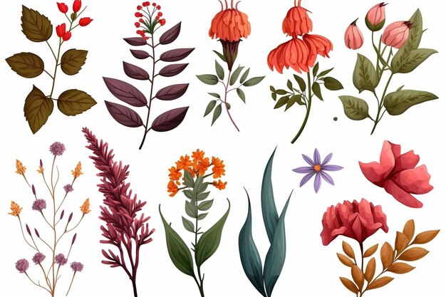 Photo set of separate parts of flowers in watercolors