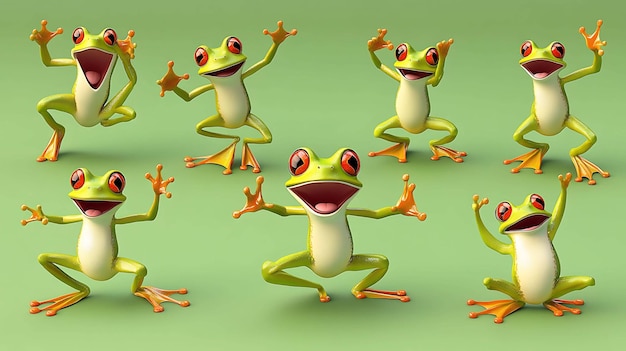 A set of seven happy cartoon frogs with big smiles in various poses