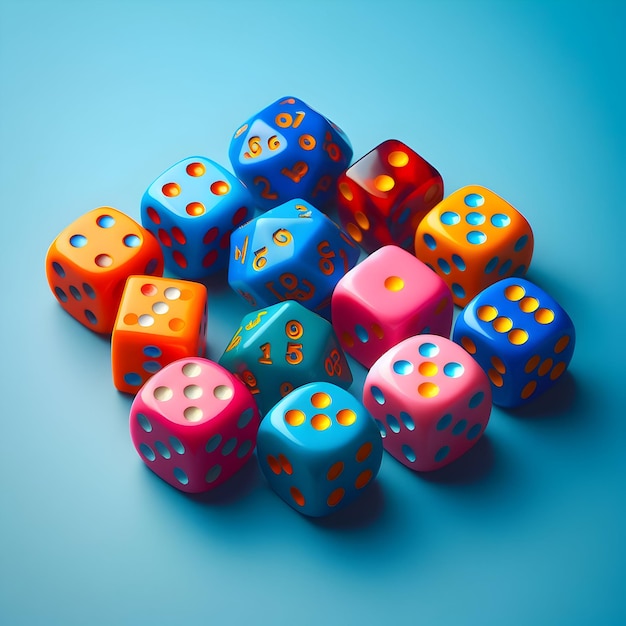 Photo a set of seven vibrantcolored dice ready to roll for your next game night isolated on a plain blu