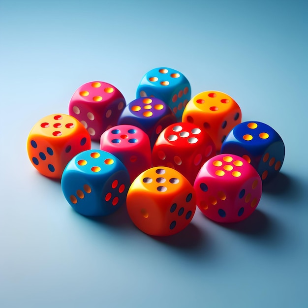 Photo a set of seven vibrantcolored dice ready to roll for your next game night isolated on a plain blu