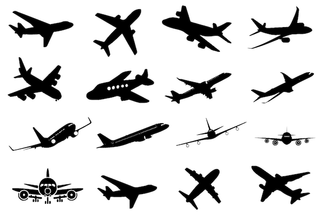 Photo set of silhouettes of airplanes plane icons collection