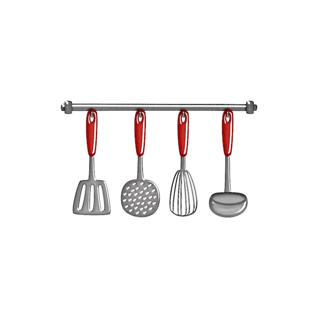 a set of silver and red spatulas