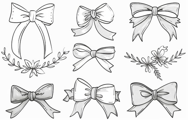 Photo set of simple bow gift ribbons with doodle strokes elegant minimal line stroke design modern illustration