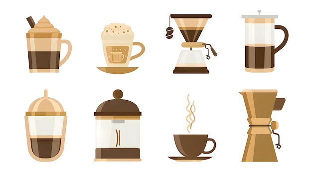 Photo set of simple coffee shop elements and icons on white background