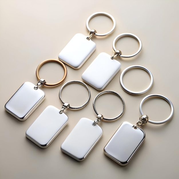 Photo a set of six blank silver keychain tags with a variety of ring styles perfect for branding and personalization