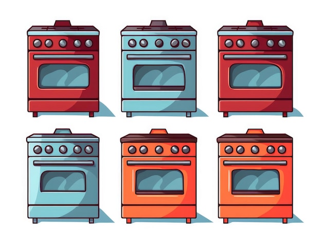 Set of six cartoon style ovens in various colors