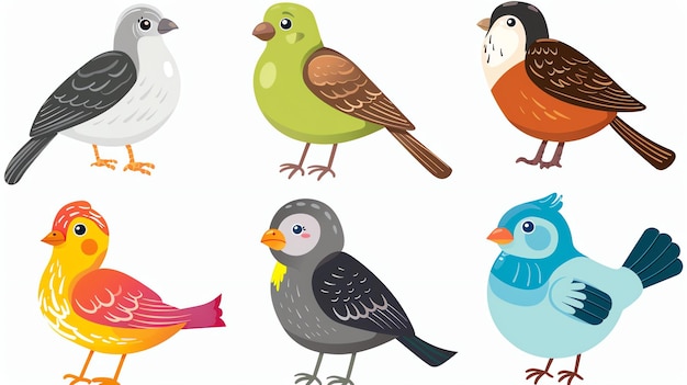 A set of six colorful cartoon birds The birds are all different colors and have different markings