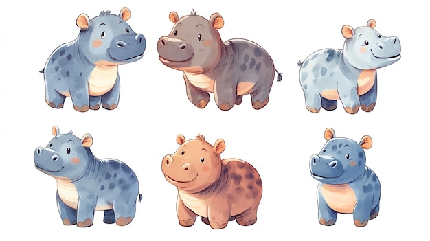 Set of six cute cartoon Pygmy Hippopotamus showcasing different colors and playful expressions