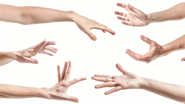 A set of six different hand gestures isolated on a white background