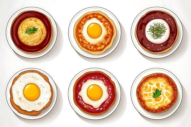 Photo set of six egg dishes with different toppings on white plates